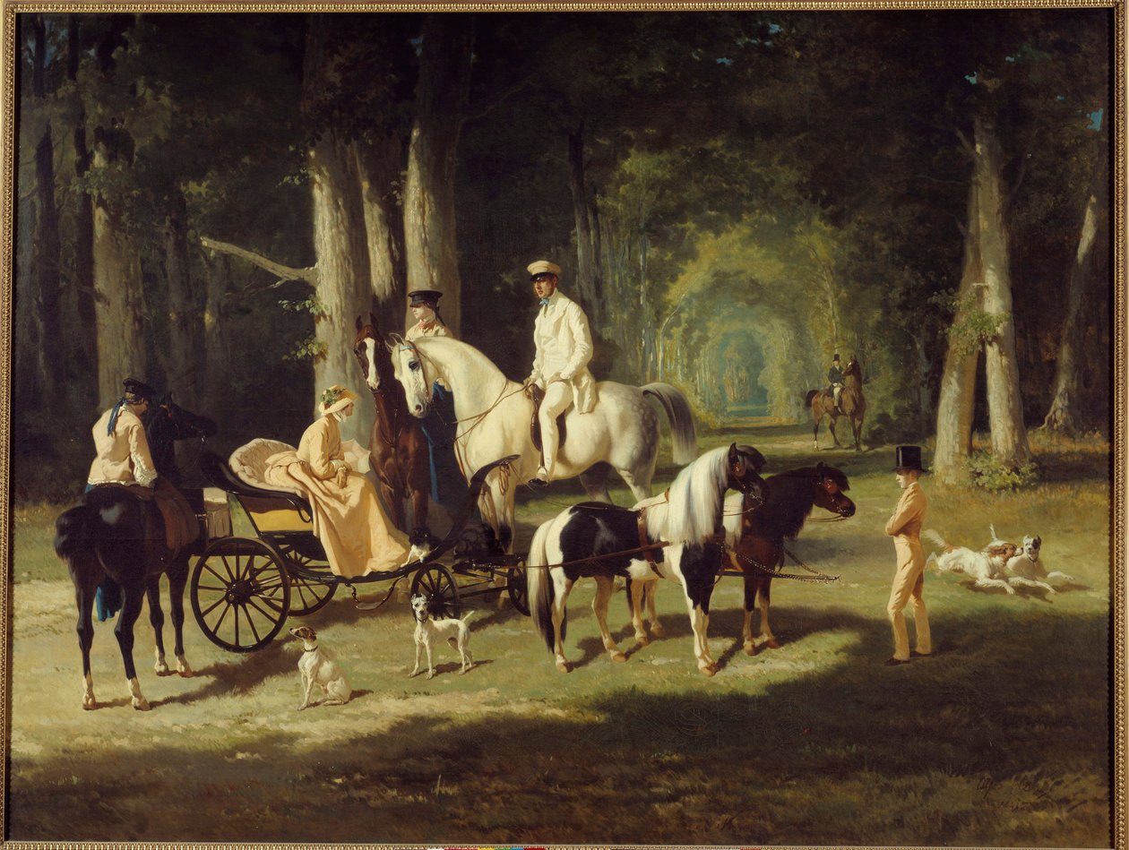 A. Mosselman 夫妇和他们的两个女儿骑马穿过树林。 阿尔弗雷德·德·德勒 (Alfred de Dreux) (1810-1860) 1848 年作画。 2x2,65 m 巴黎，小皇宫博物馆 作者 阿尔弗雷德德勒