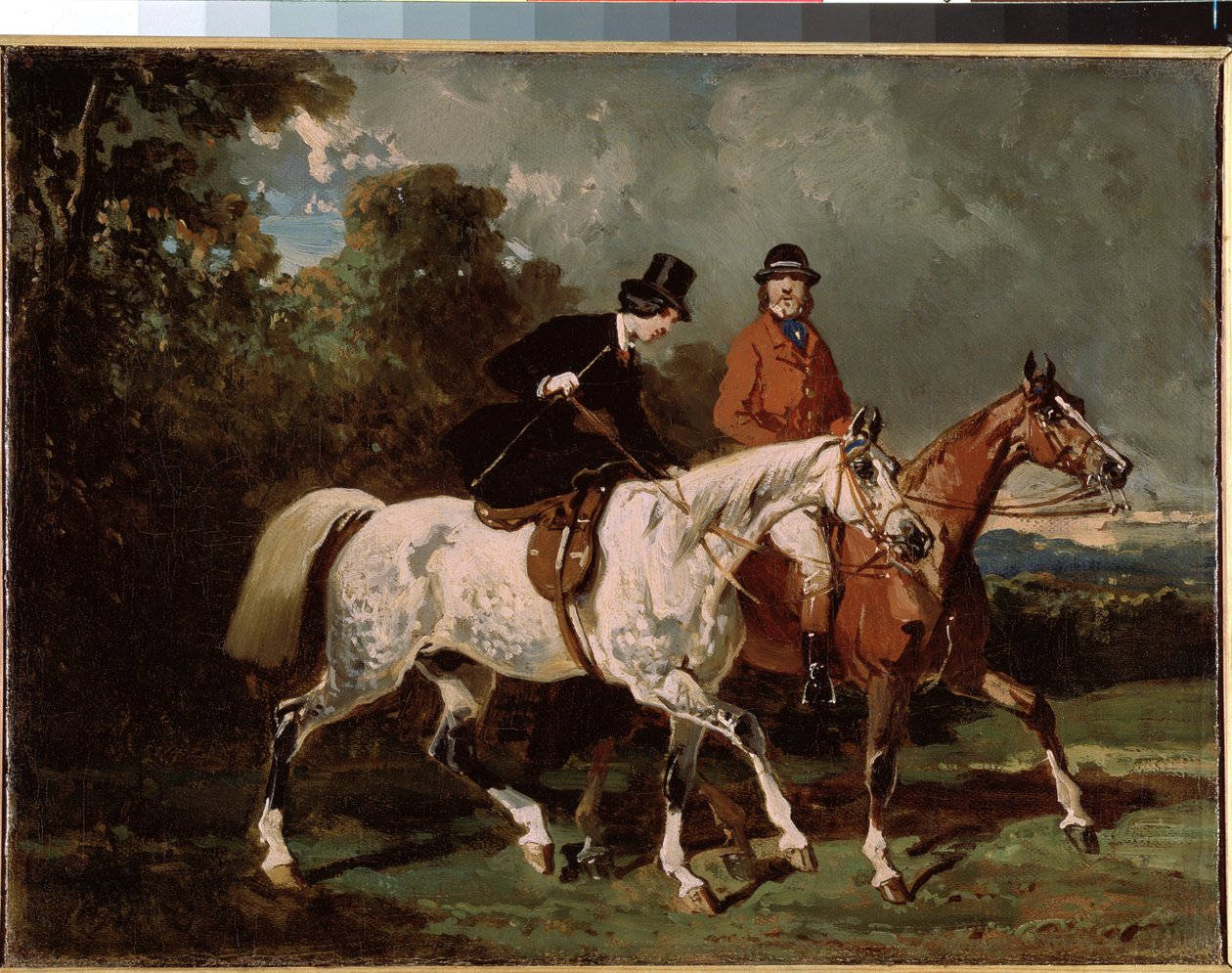 "Promenade a cheval"（骑马）：骑着亚马逊的女人。阿尔弗雷德-德勒（1810-1860 年）的画作 1840-1855 年 尺寸 24x32 厘米 圣彼得堡，冬宫博物馆 作者 阿尔弗雷德德勒