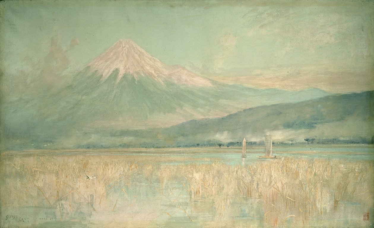 1889年，在神圣的山上黎明，富士的太阳半隐藏在云中 作者 东阿尔弗雷德