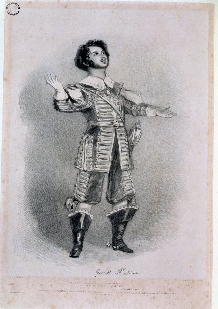 Giovanni Battista Rubini（1794-1854）作为&39;I Puritani&39;的Arturo，来自&39;意大利歌剧的回忆&39;的证明副本，由Richard James Lane（1800-72）刻，1836年（见123979颜色） 作者 阿尔弗雷德·爱德华·沙隆