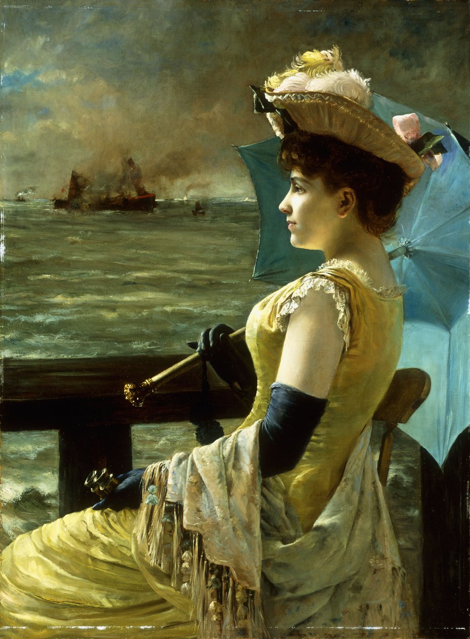 一位带遮阳伞的女士望着大海， 作者 阿尔弗雷德·埃米尔·史蒂文斯（Alfred Emile Stevens）