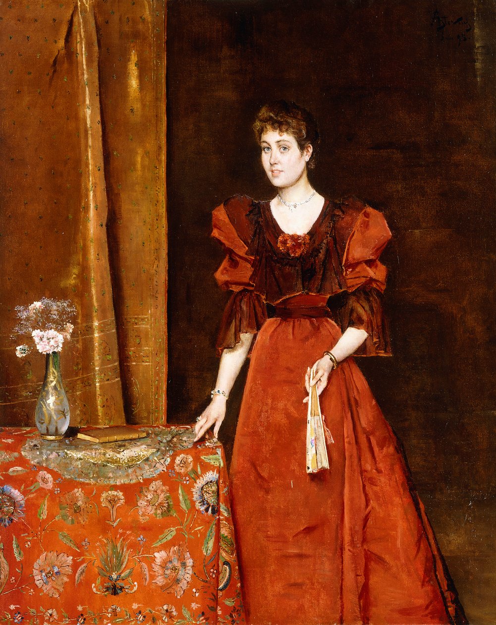 优雅的女士抱着风扇，1893年 作者 阿尔弗雷德·埃米尔·史蒂文斯（Alfred Emile Stevens）