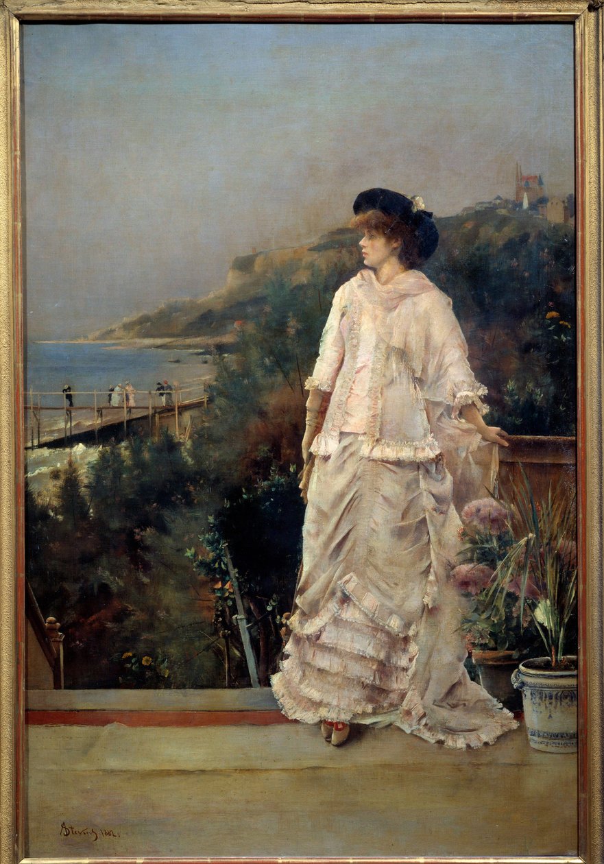 阿尔弗雷德·史蒂文斯 (Alfred Stevens) (1823-1906) 1882 年《海边露台上的女人的肖像》。 1,1x0,66 m 巴黎，奥赛博物馆 作者 阿尔弗雷德·埃米尔·史蒂文斯（Alfred Emile Stevens）