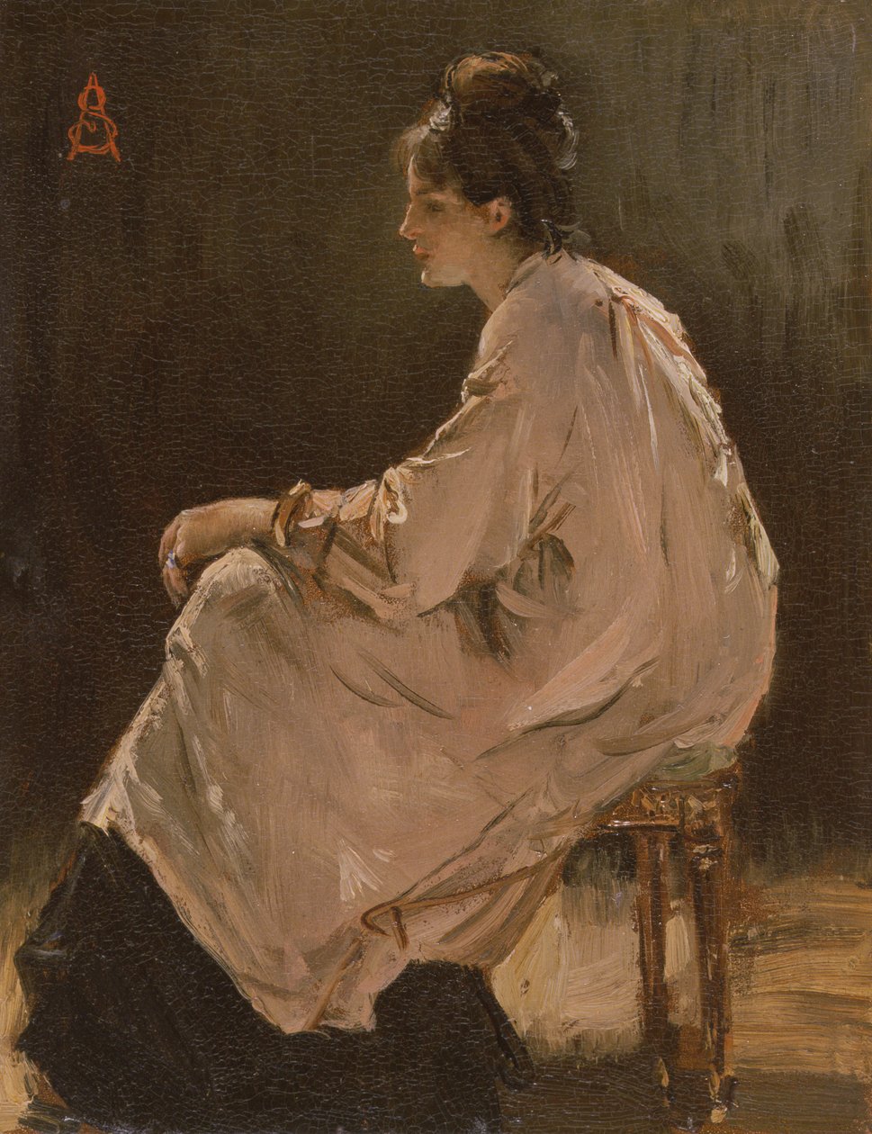 坐着的女孩（木板油画） 作者 阿尔弗雷德·埃米尔·史蒂文斯（Alfred Emile Stevens）