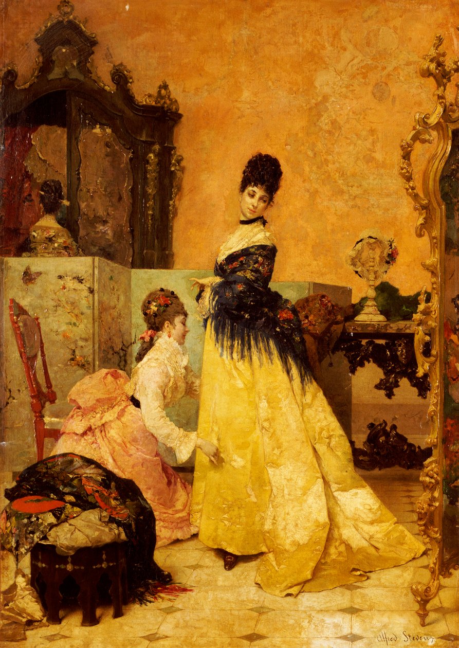 新衣服（布面油画） 作者 阿尔弗雷德·埃米尔·史蒂文斯（Alfred Emile Stevens）