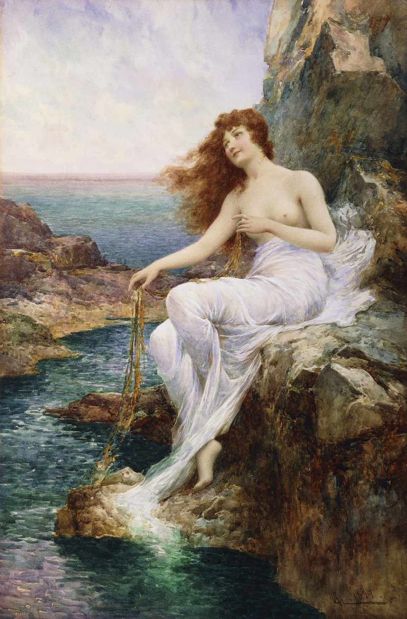 坐在岩石上的海藻丝带海仙女，1897年 作者 阿尔弗雷德·格兰登宁