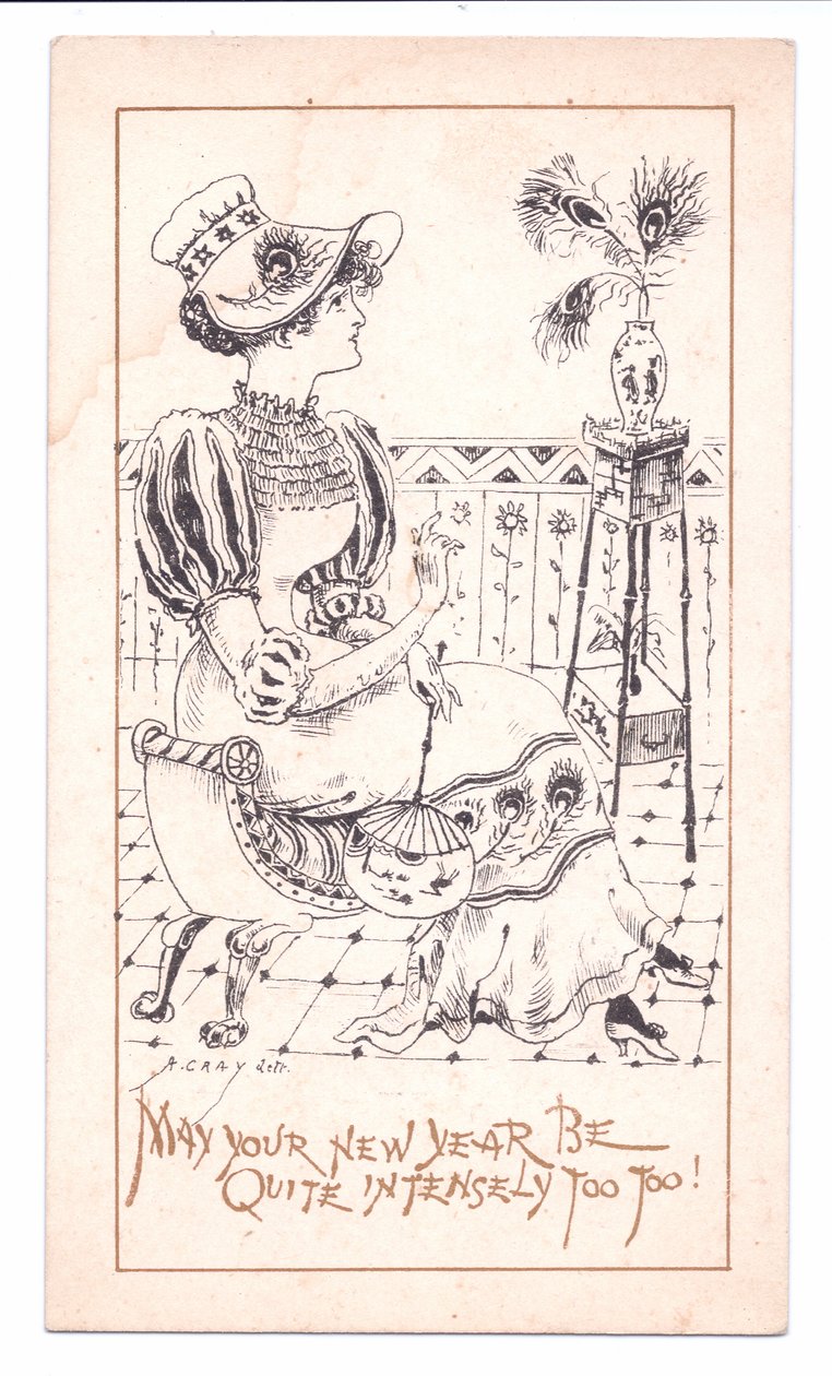 维多利亚时代的新年卡，一个欣赏孔雀羽毛花瓶的美学家，约1881年（单色）。 作者 阿尔弗雷德·格雷