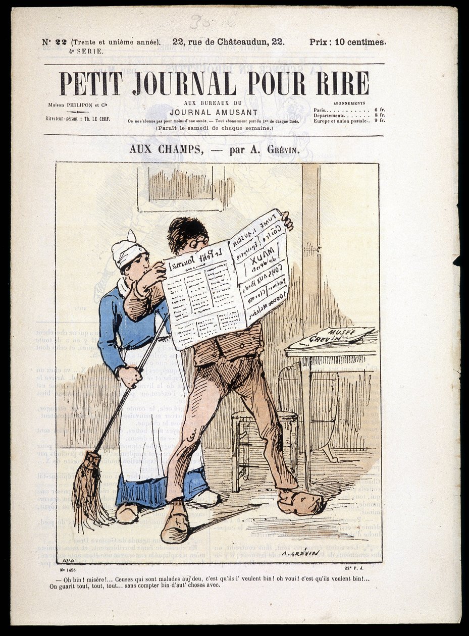 读报纸的男人：“” “aux Champs” “by A. grévin-in” “Le Petity Journal pour rire” “n¡22, n.d. 作者 阿尔弗雷德·格雷文