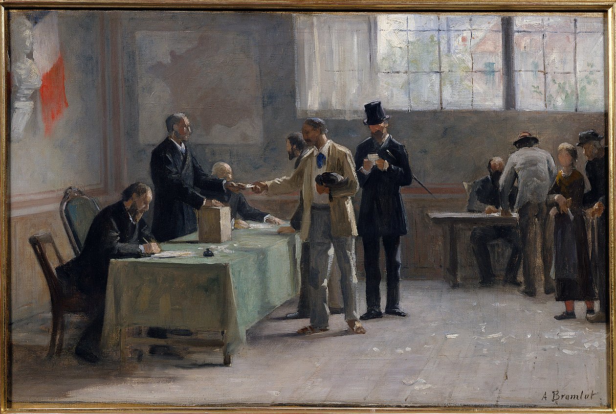 普选。1889年的一个投票站。阿尔弗雷德-布拉姆特（1852-1894）的素描，1889年 作者 阿尔弗雷德·亨利·布朗莫特