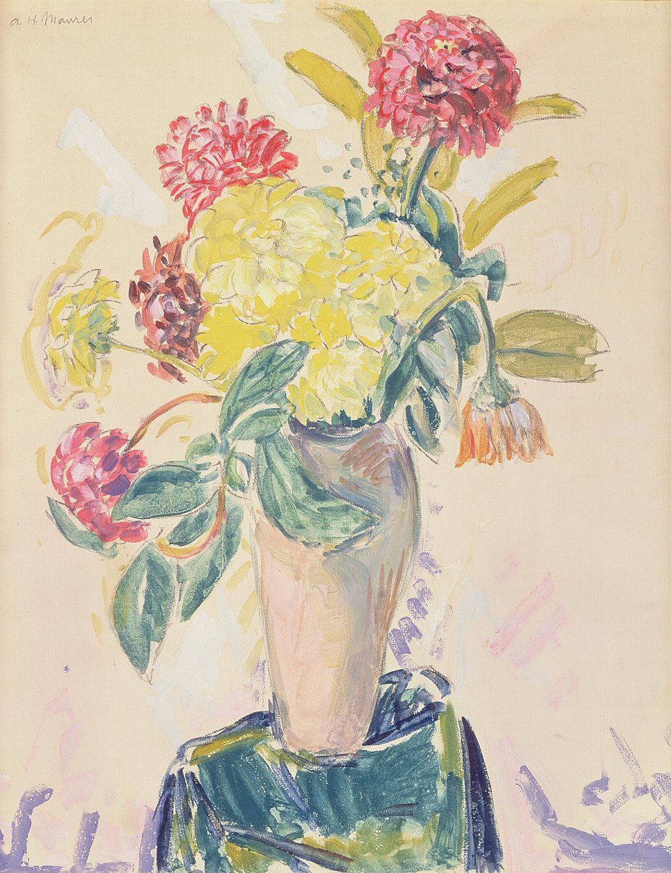 Zinnias，c.1926（wc，水粉和纸上的木炭） 作者 阿尔弗雷德·亨利·梅森