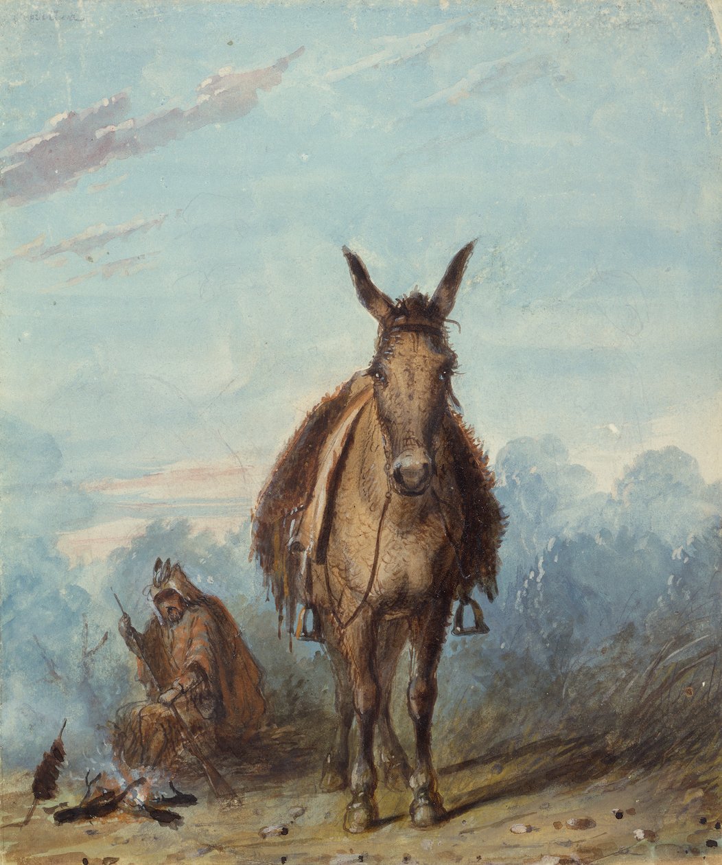 约 1837 年，孤独营地中的捕猎者（纸面水彩画） 作者 阿尔弗雷德·雅各布·米勒