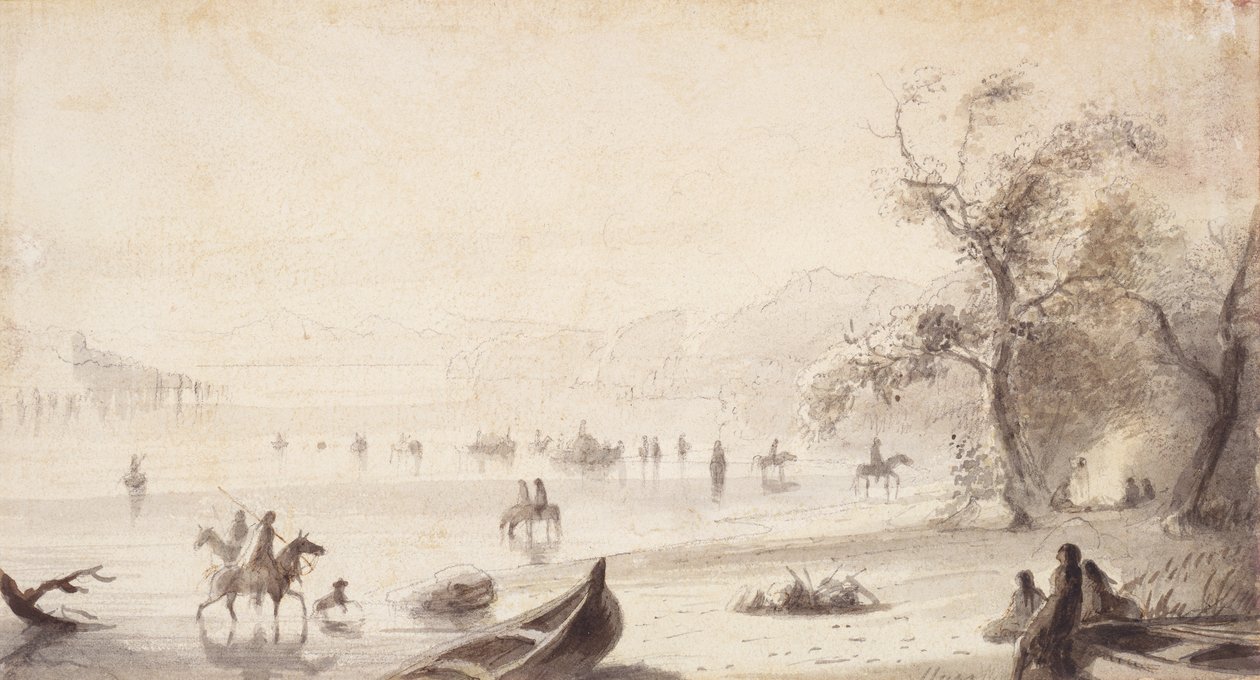 公牛划船穿越普拉特河，约 1837 年（纸上绘画） 作者 阿尔弗雷德·雅各布·米勒