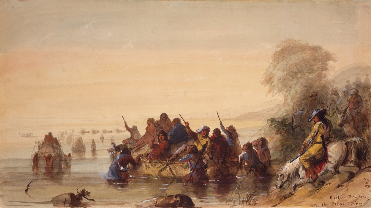 普拉特河上的公牛泛舟，约 1837 年（纸面水彩画） 作者 阿尔弗雷德·雅各布·米勒