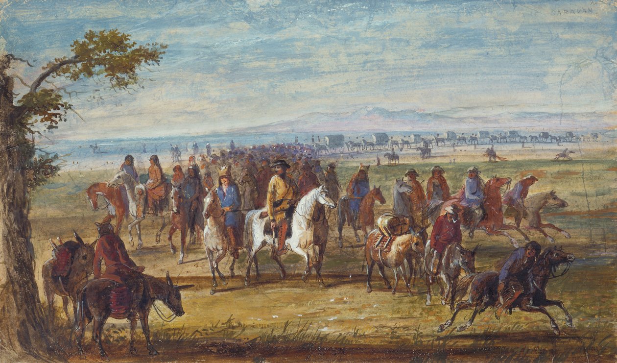 大篷车：威廉-斯图尔特爵士骑白马，约 1837 年（纸面油画） 作者 阿尔弗雷德·雅各布·米勒