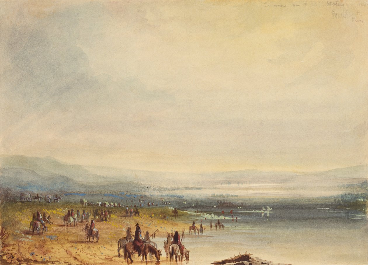 普拉特河上的大篷车，约 1837 年（纸面水彩画） 作者 阿尔弗雷德·雅各布·米勒