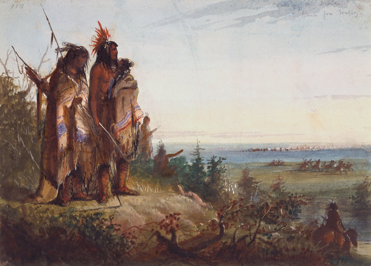 穿越分水岭或饥渴的捕猎者赶往河流，约 1837 年（纸面水彩画） 作者 阿尔弗雷德·雅各布·米勒