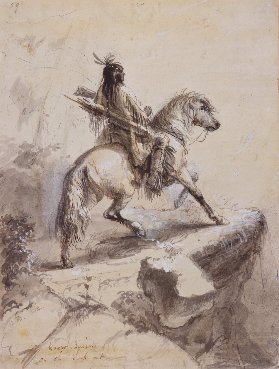 瞭望台上的乌鸦印第安人，约1837年（纸上笔墨、水墨、水粉画） 作者 阿尔弗雷德·雅各布·米勒