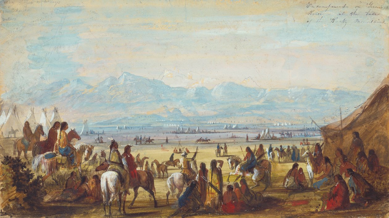 洛基山脚下绿河边的营地，约 1837 年（纸上铅笔、水彩和水粉画） 作者 阿尔弗雷德·雅各布·米勒