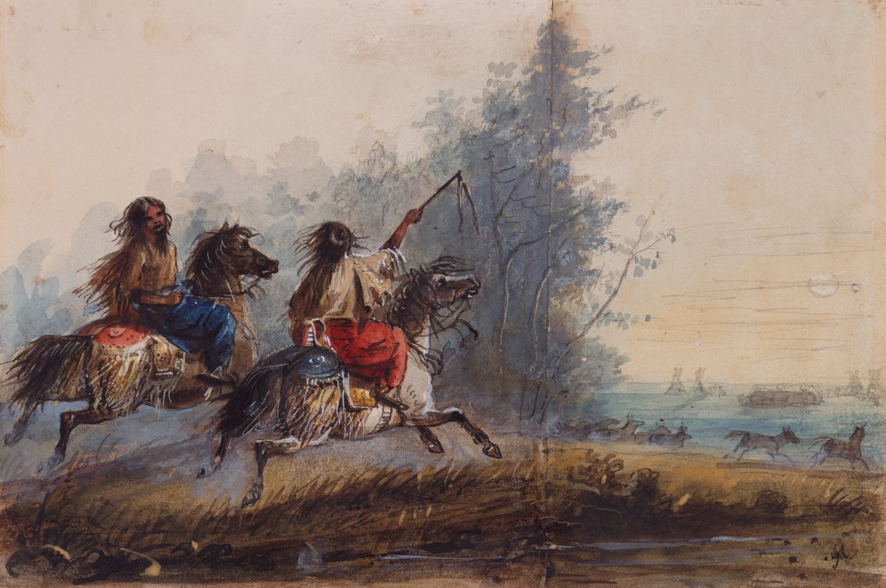 女性，蛇部落，驾驭马匹，约1837年（纸上铅笔、水彩和水粉画） 作者 阿尔弗雷德·雅各布·米勒