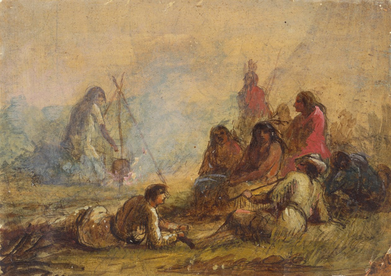 一群捕猎者和印第安人，约 1837 年（纸面水彩和水粉画） 作者 阿尔弗雷德·雅各布·米勒