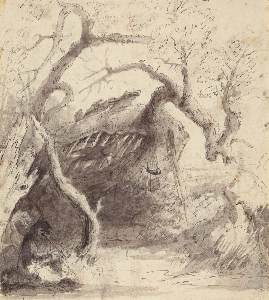 普拉特河上的印第安人小屋，约 1837 年（纸上钢笔、墨水和水彩画） 作者 阿尔弗雷德·雅各布·米勒