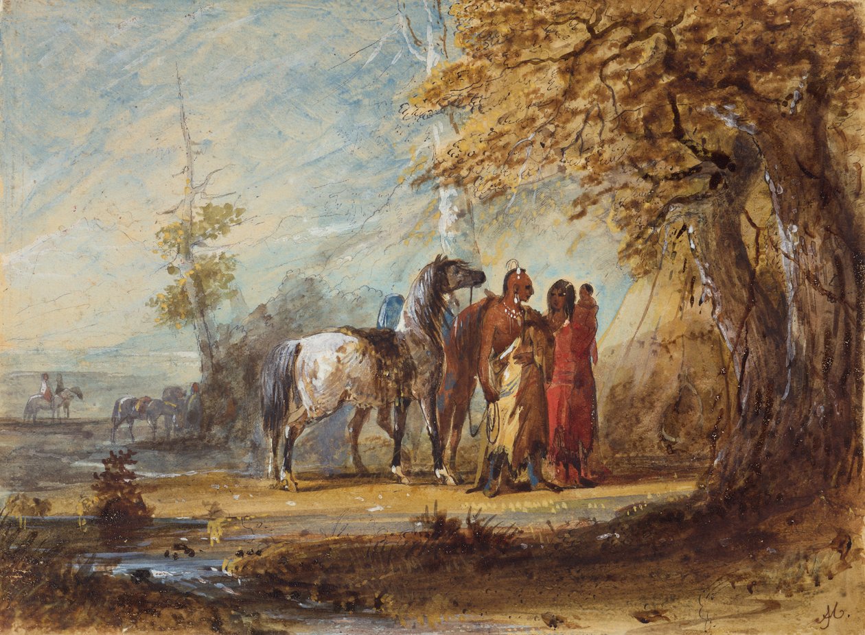 印第安家庭，约 1837 年（纸上铅笔、水彩和水粉画） 作者 阿尔弗雷德·雅各布·米勒