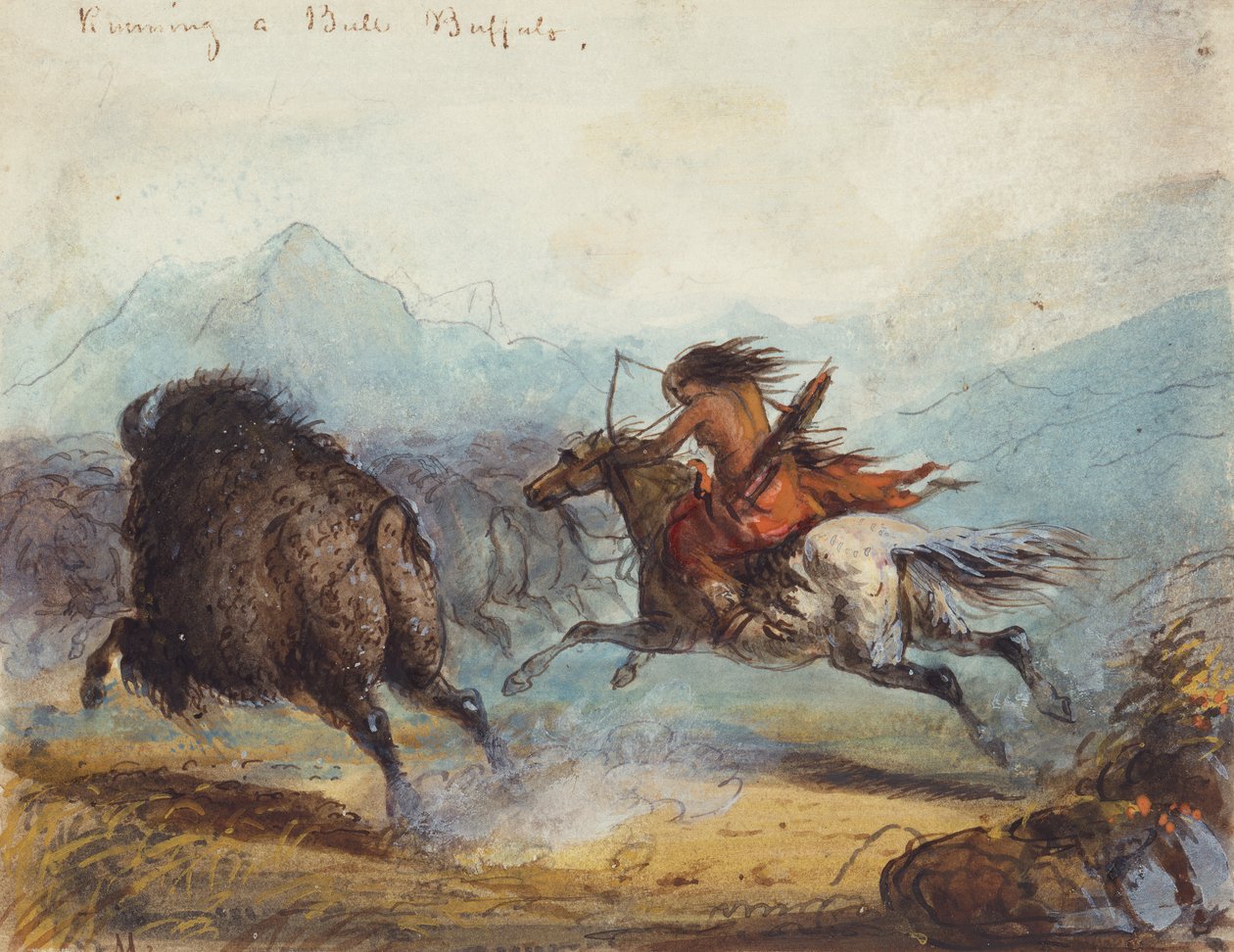 奔跑水牛的印第安女性，约 1858-60（纸面水彩画） 作者 阿尔弗雷德·雅各布·米勒