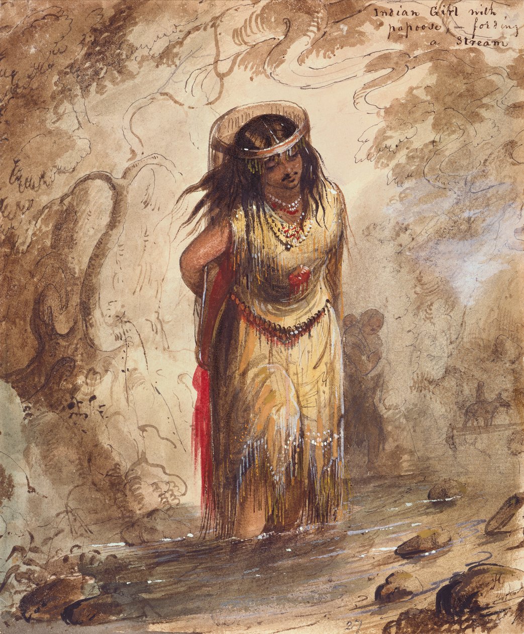 约 1837 年，带着木鹿的印第安女孩在溪流边嬉戏（纸面上有铅笔、水彩和水粉颜料） 作者 阿尔弗雷德·雅各布·米勒