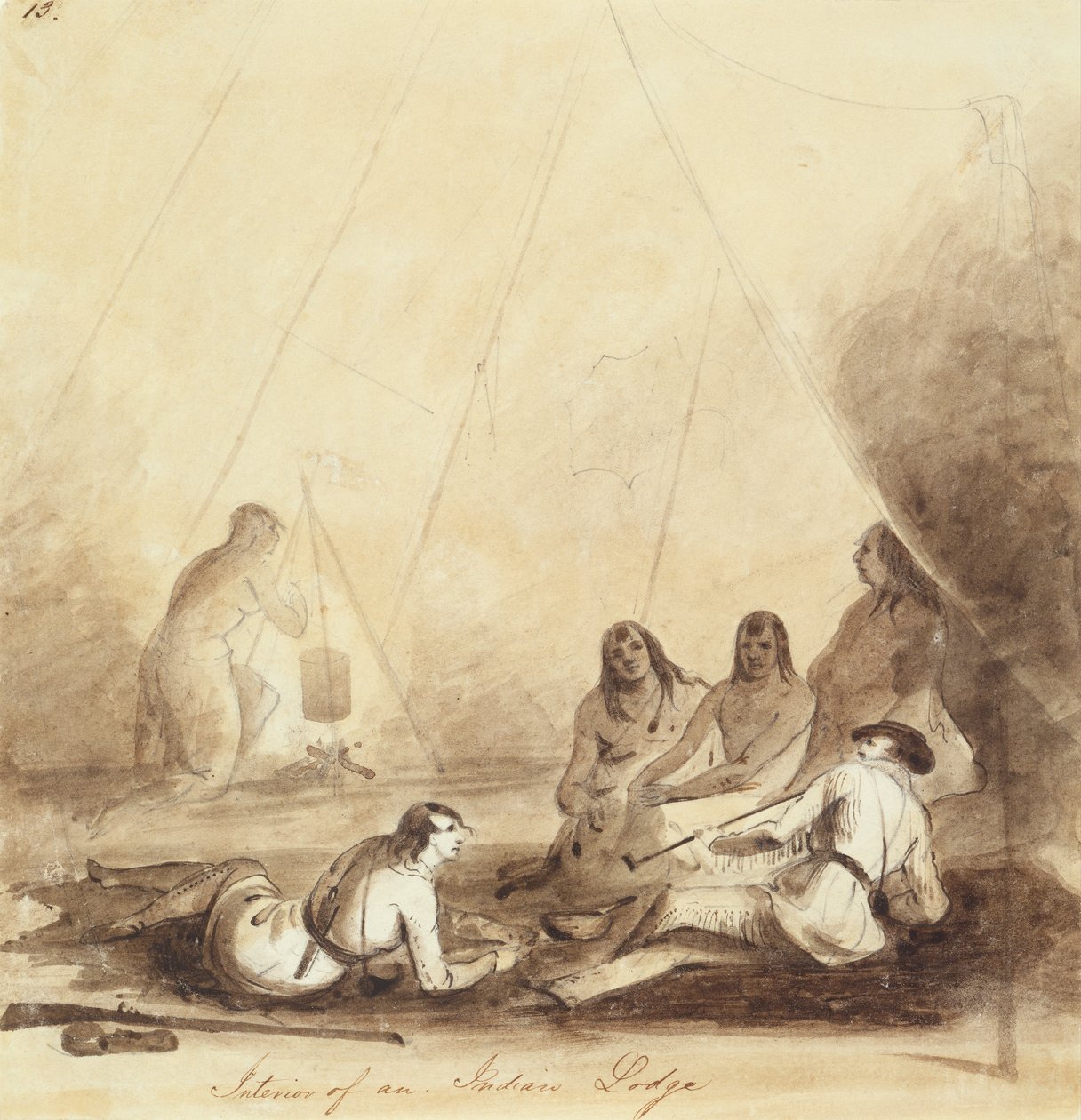 印第安小屋内部，约 1837 年（纸上铅笔、钢笔、墨水和水彩画） 作者 阿尔弗雷德·雅各布·米勒