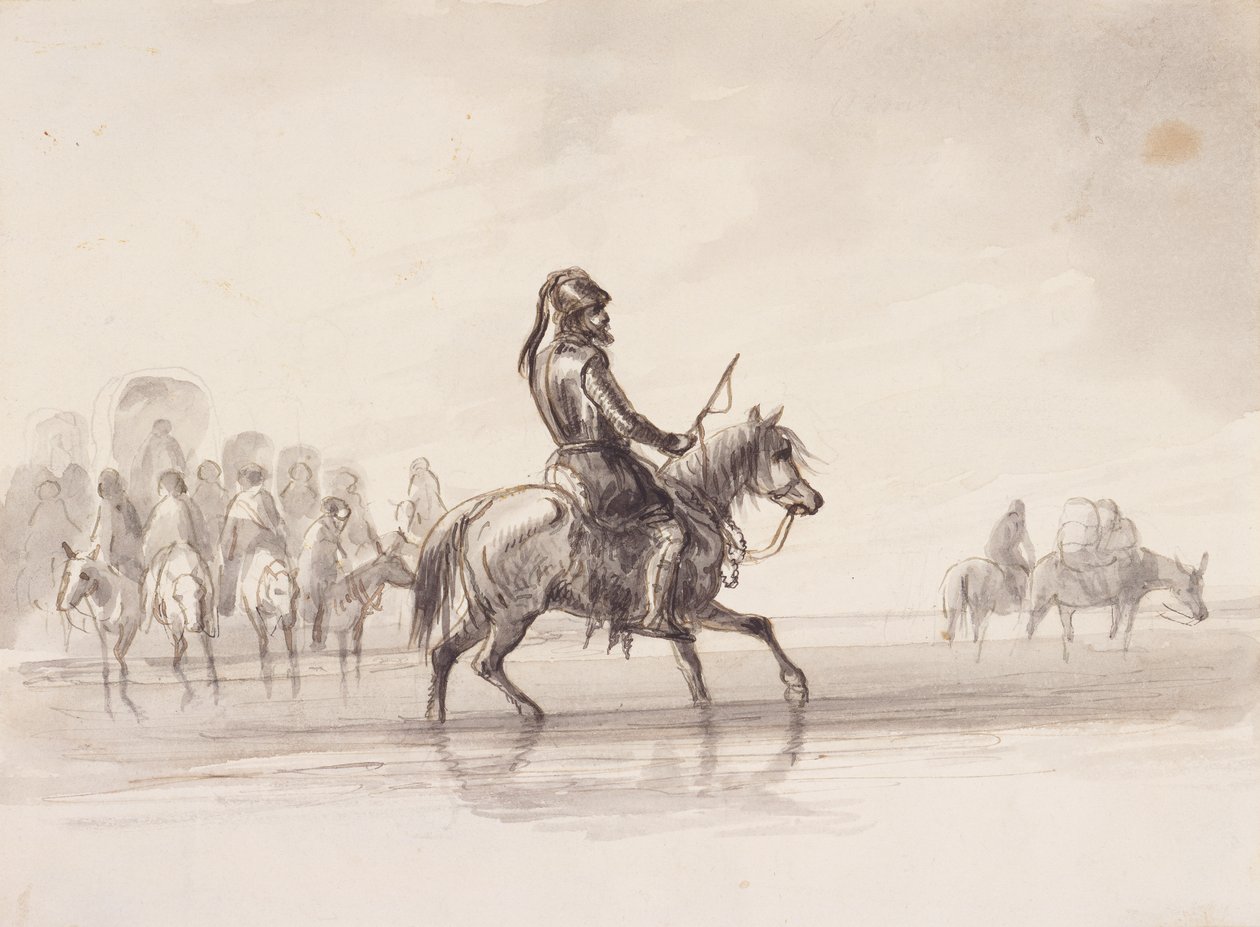 吉姆-布里杰，身着英式盔甲，约 1837 年（纸上水墨画） 作者 阿尔弗雷德·雅各布·米勒
