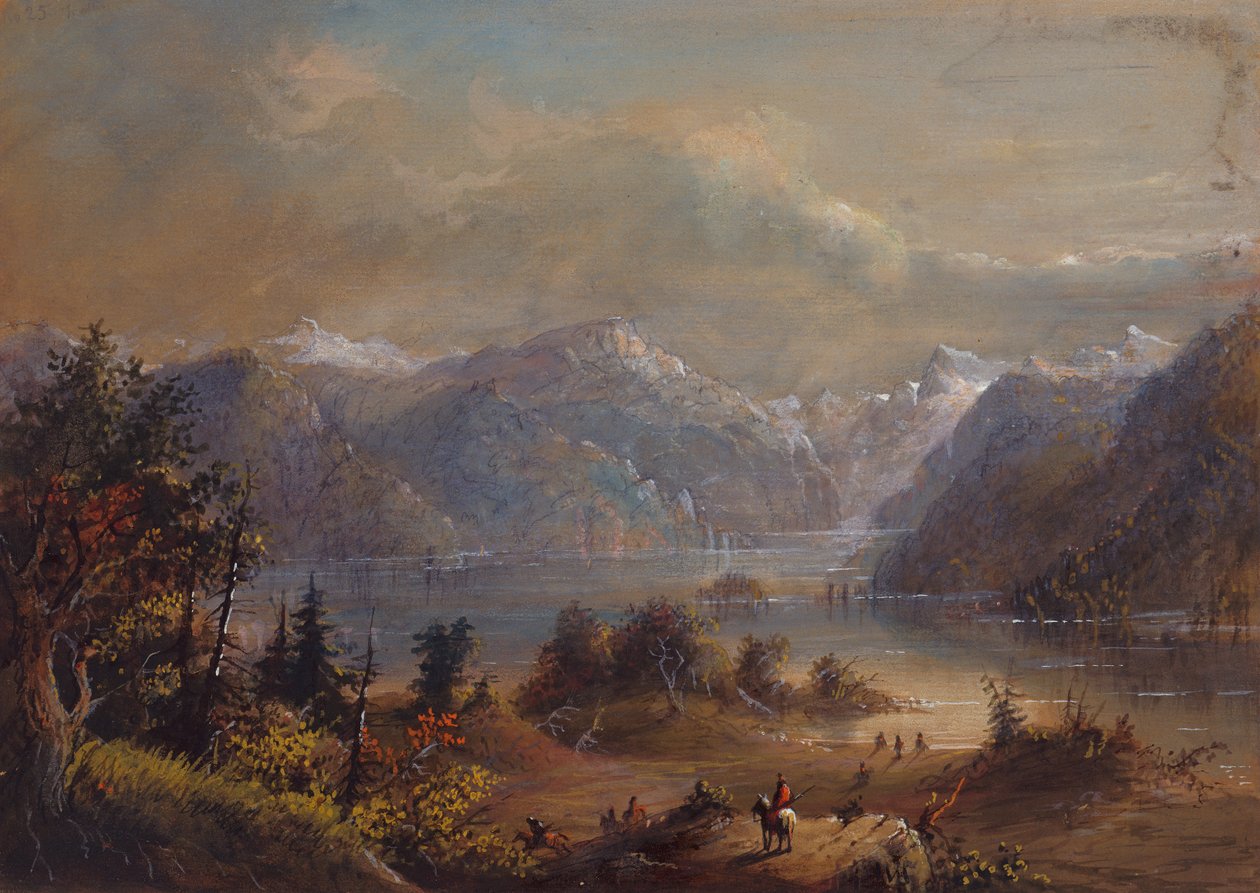 风河山湖景，约 1837 年（纸上铅笔、水彩和水粉画） 作者 阿尔弗雷德·雅各布·米勒