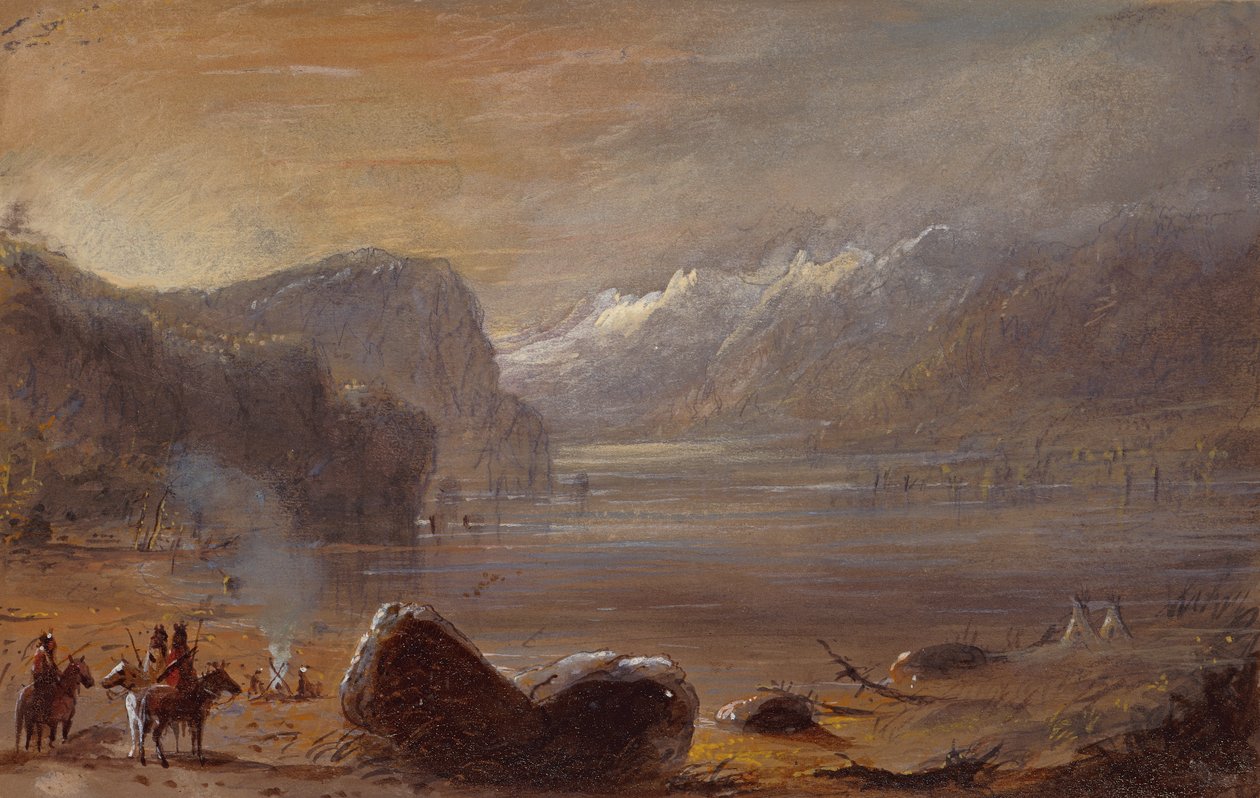 湖，风河山脉，约 1837 年（纸上铅笔、水彩和水粉画） 作者 阿尔弗雷德·雅各布·米勒