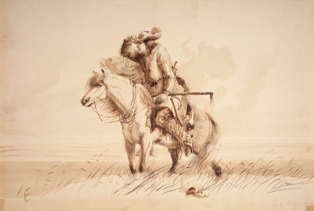 失落的绿号角，约 1850 年（布面铅笔、钢笔、墨水和水彩画） 作者 阿尔弗雷德·雅各布·米勒