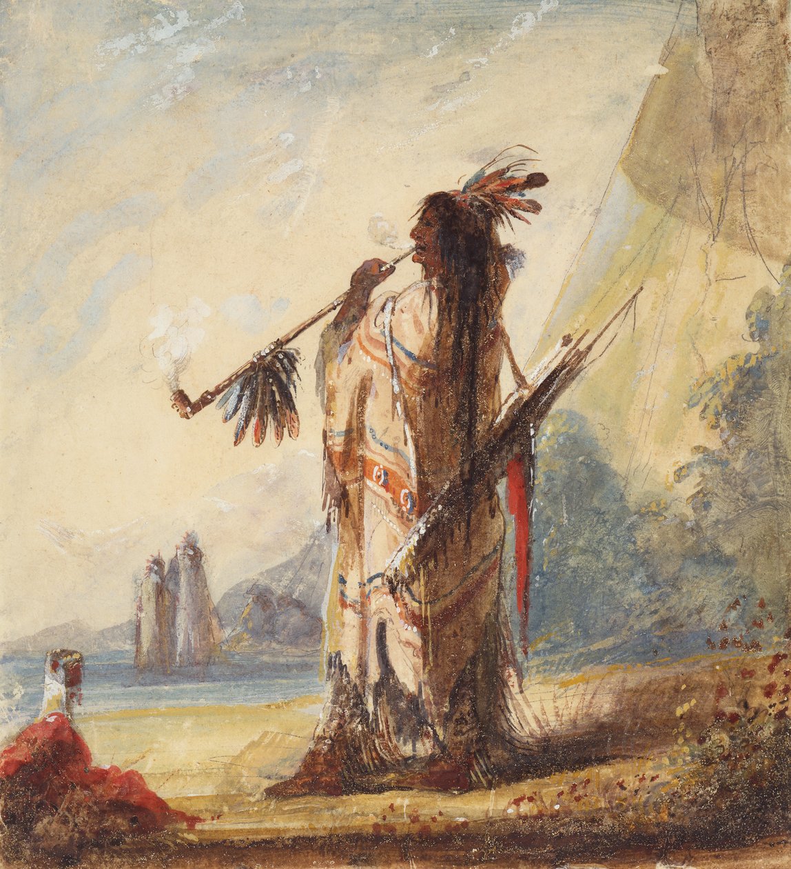 Otium Cum Dignitati Smoking the Calumet，约 1837 年（纸面铅笔、水彩和水粉画） 作者 阿尔弗雷德·雅各布·米勒