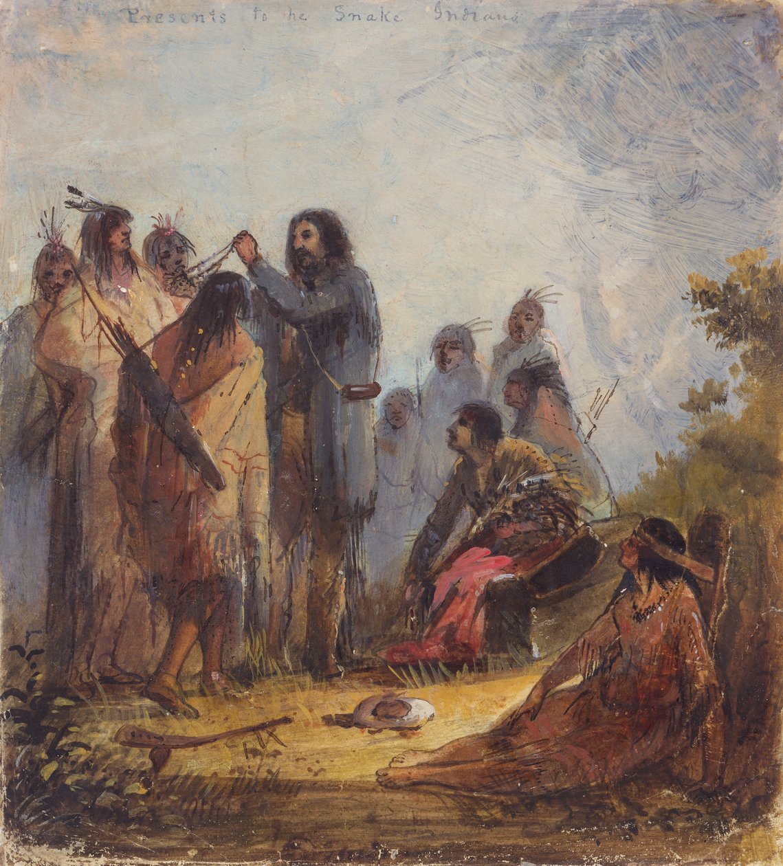 给蛇族印第安人的礼物，约 1837 年（纸面油画） 作者 阿尔弗雷德·雅各布·米勒