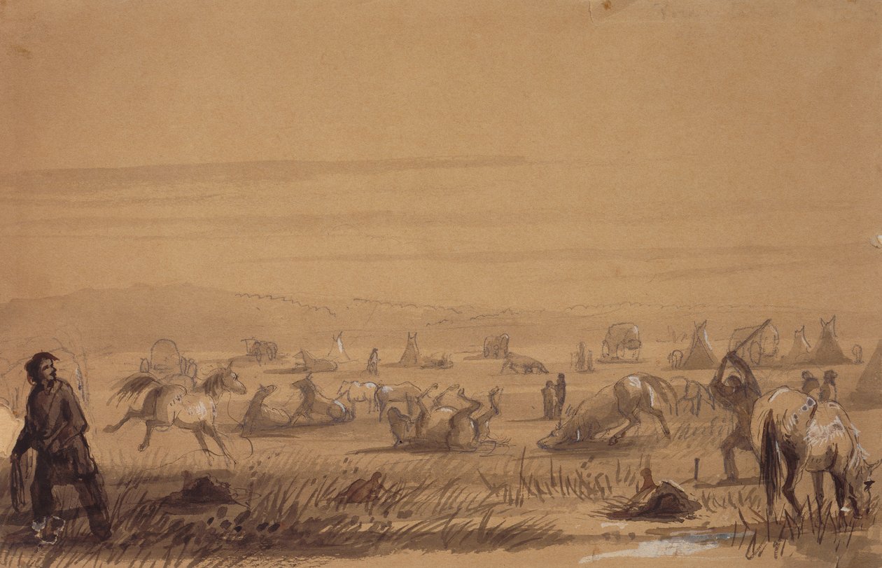 到达营地，卸下马鞍，约 1837 年（纸上铅笔、钢笔和墨水、水粉和水粉画） 作者 阿尔弗雷德·雅各布·米勒