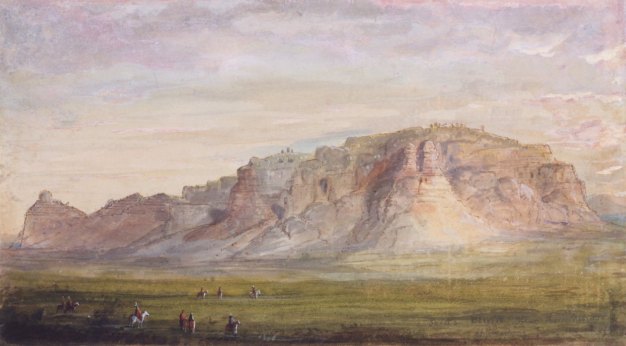内布拉斯加（普拉特）河附近的斯科茨悬崖，约 1837 年（纸面水彩画） 作者 阿尔弗雷德·雅各布·米勒