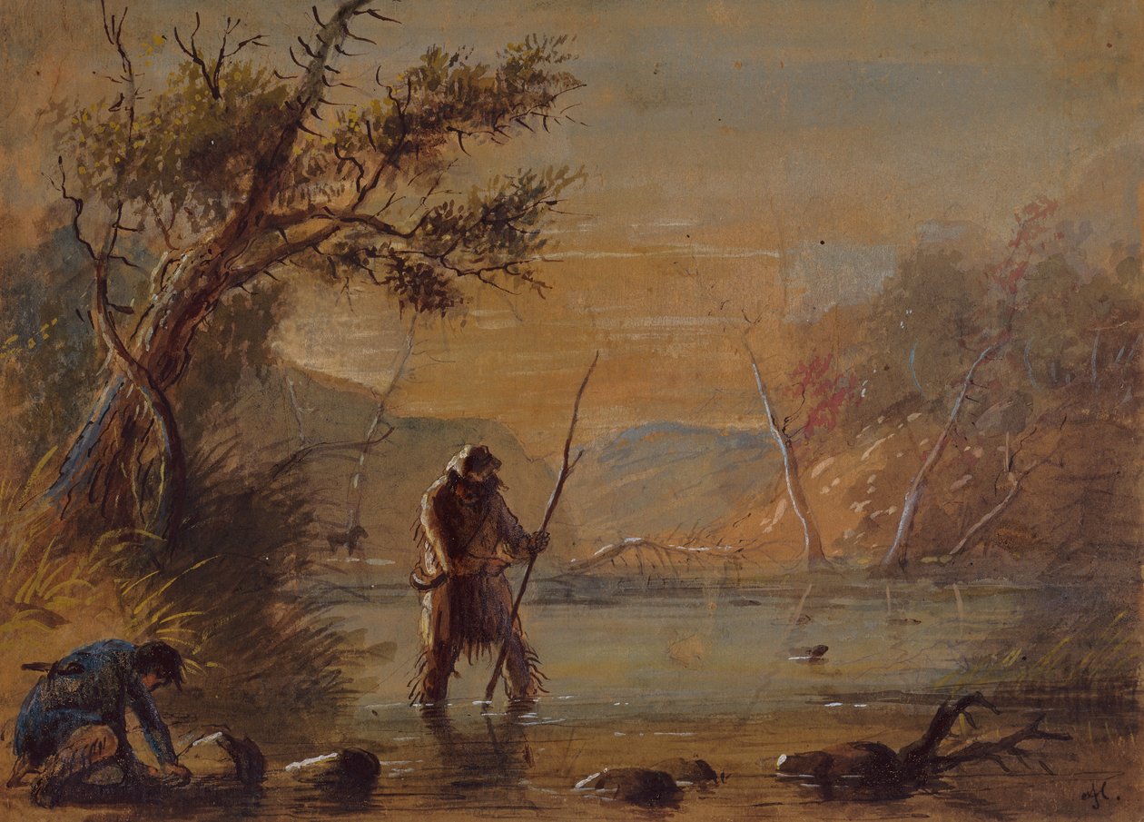 为海狸设置陷阱，约 1837 年（纸上铅笔、水彩和水粉画） 作者 阿尔弗雷德·雅各布·米勒
