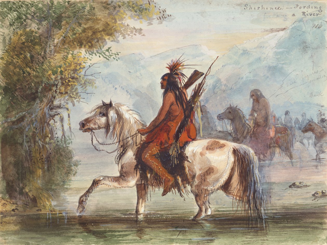 约 1837 年的肖肖尼营地溯河（纸面水彩画） 作者 阿尔弗雷德·雅各布·米勒