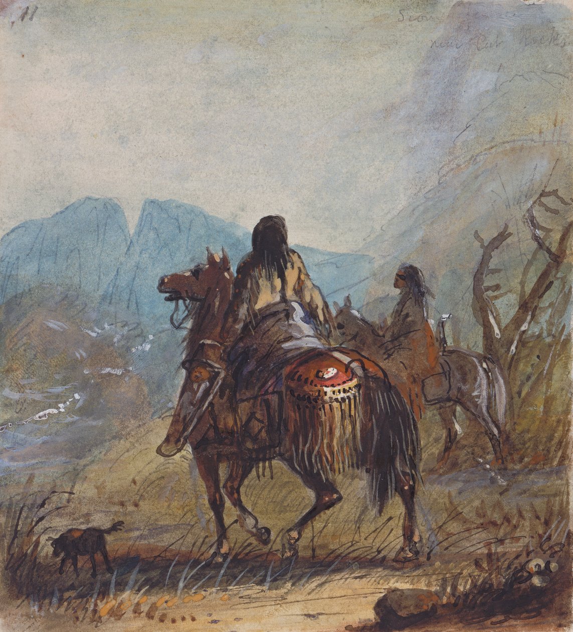 苏族妇女，远处被切割的岩石，约 1837 年（纸上铅笔、水彩和水粉画） 作者 阿尔弗雷德·雅各布·米勒