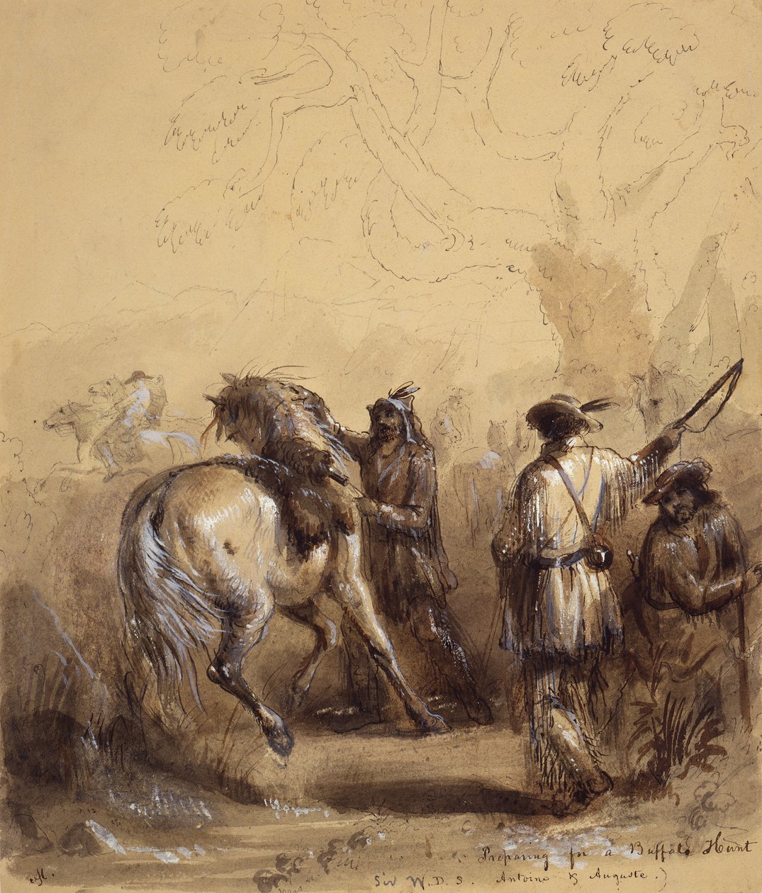 W.D.S. 爵士，《安托万和奥古斯特或准备狩猎水牛》，约 1837 年（纸上钢笔和墨水、水粉和水粉画） 作者 阿尔弗雷德·雅各布·米勒