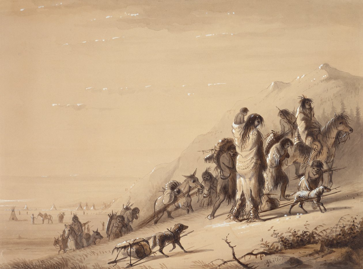 蛇族印第安人迁徙，约 1837 年（纸上钢笔、墨水、水粉和水粉画） 作者 阿尔弗雷德·雅各布·米勒