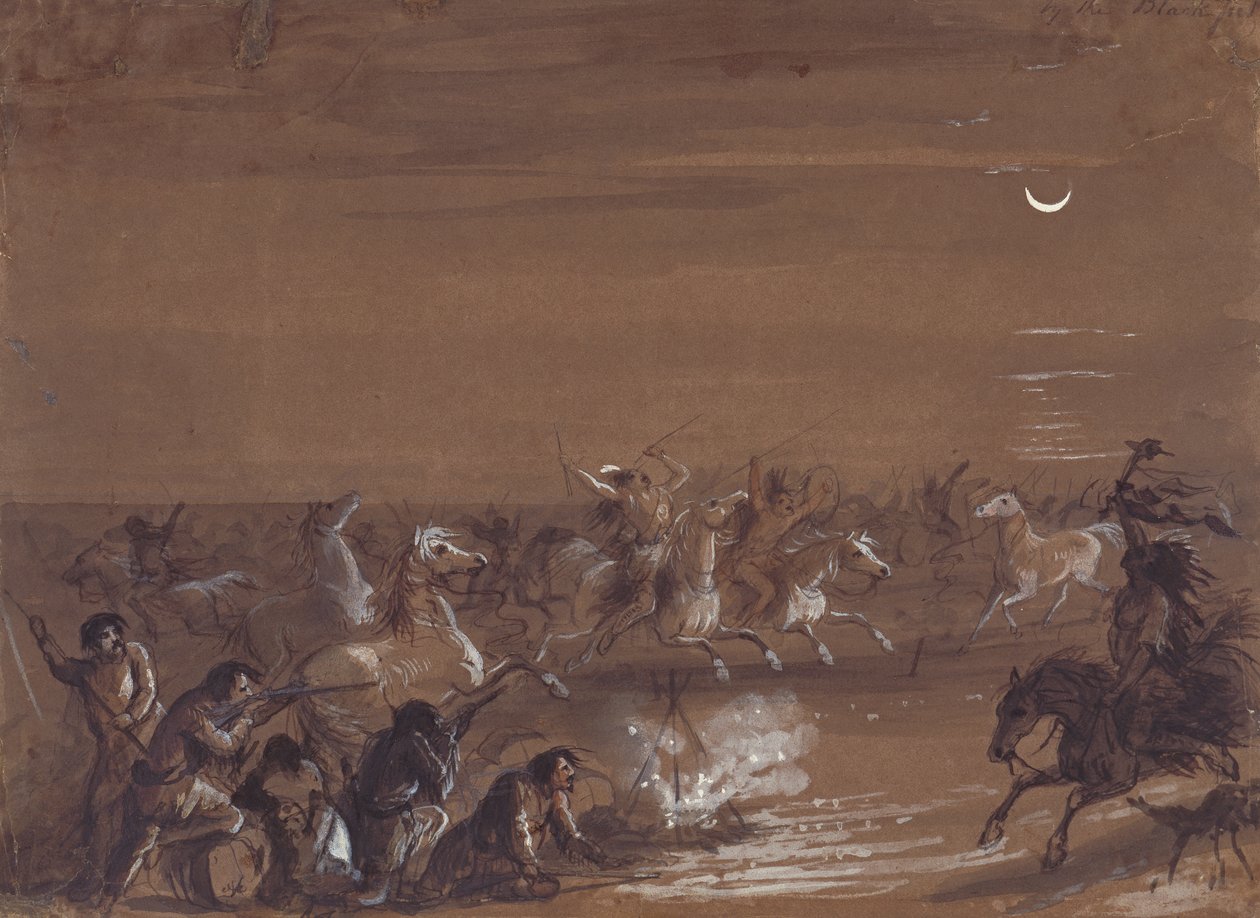 布莱克菲特人的踩踏，约 1837 年（深色纸张上的墨水、水墨和水粉画） 作者 阿尔弗雷德·雅各布·米勒