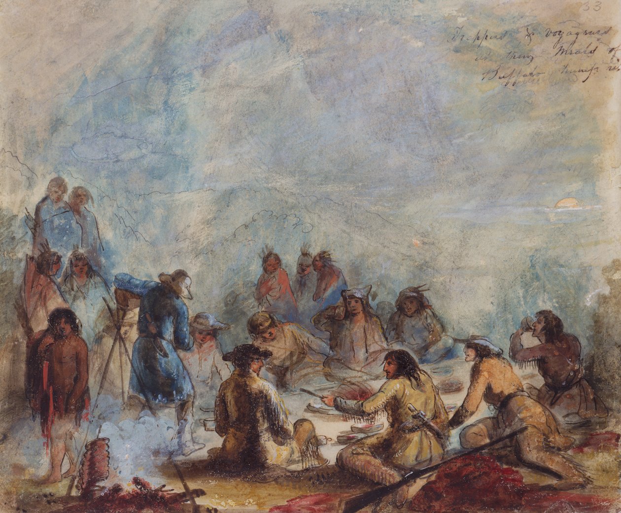 日出，捕猎者和旅行者在水牛驼峰肋骨的餐点，约1837年（纸上水彩）。 作者 阿尔弗雷德·雅各布·米勒