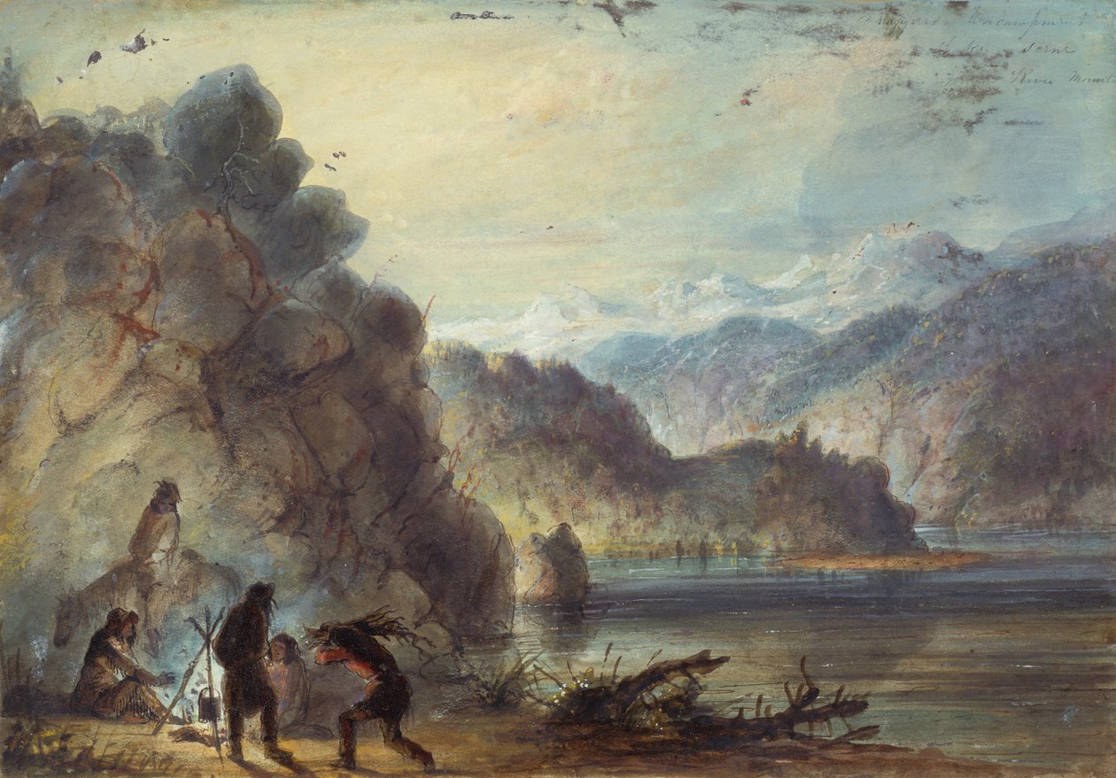 捕猎者的营地，湖景，风河山，约 1837 年（纸上铅笔、水彩和水粉画） 作者 阿尔弗雷德·雅各布·米勒