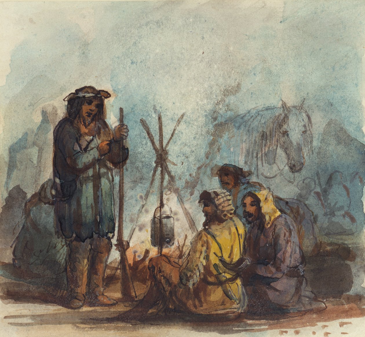 捕猎者，约 1837 年（纸上钢笔和墨水、水彩和水粉画） 作者 阿尔弗雷德·雅各布·米勒