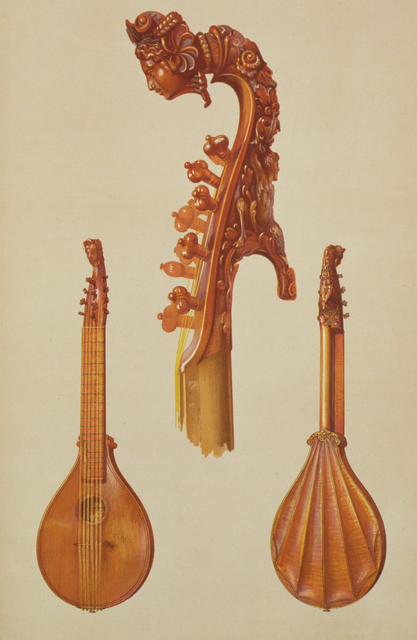 Cittern由Antonio Stradivarius（c.1644-1737）1700制作，来自&39;Musical Instruments&39;（彩色光刻） 作者 阿尔弗雷德·詹姆斯·希普金斯