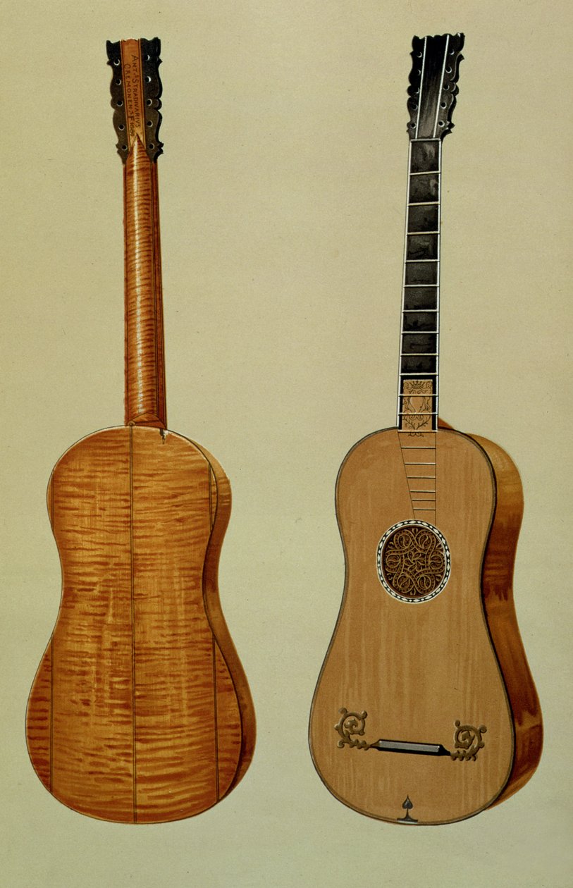 由Antonio Stradivarius（c.1644-1737）制作的吉他，来自&39;乐器&39;（彩色光刻） 作者 阿尔弗雷德·詹姆斯·希普金斯