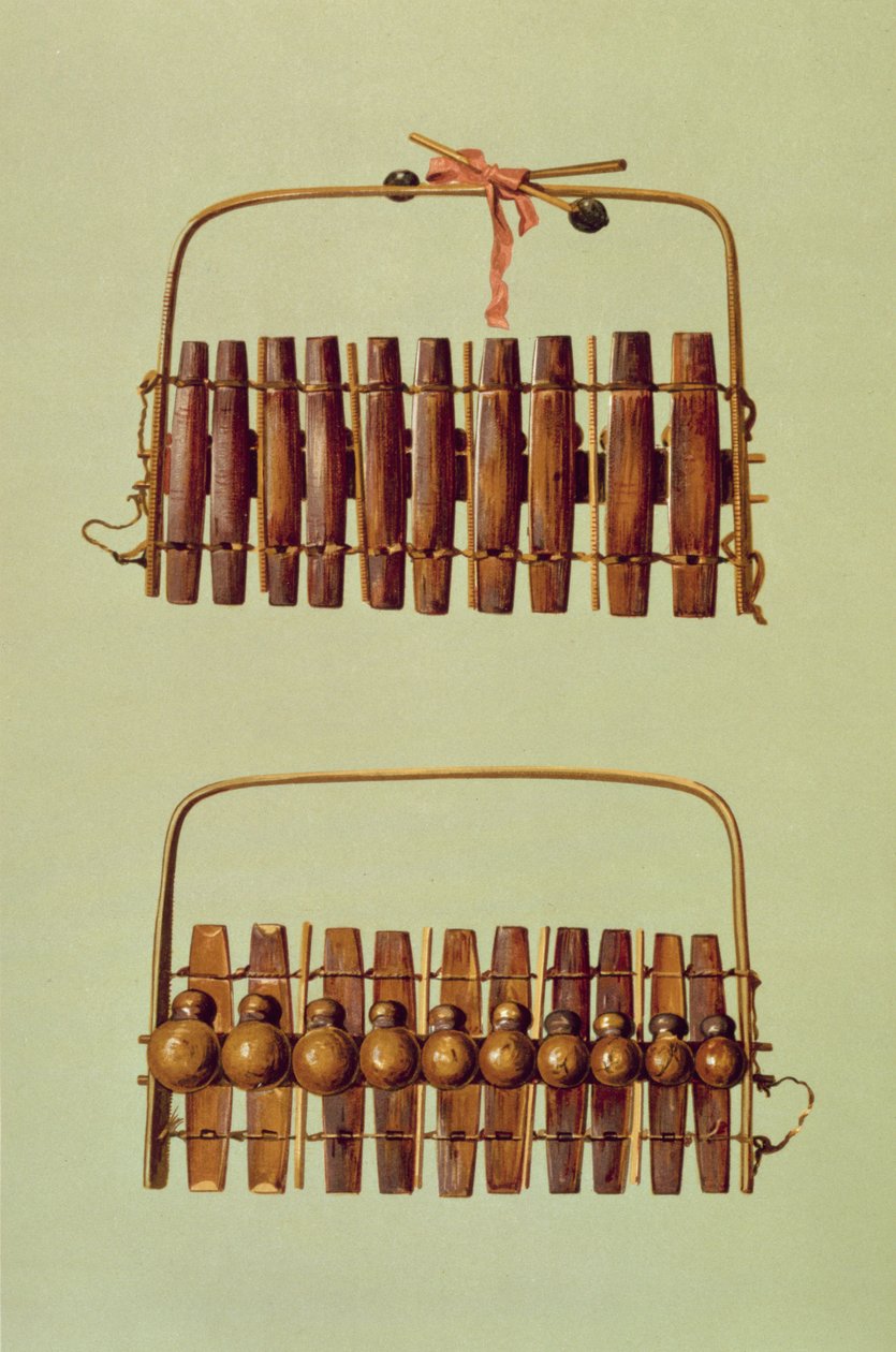 Marimba，前后视图，南非，来自&39;乐器&39;（彩色光刻） 作者 阿尔弗雷德·詹姆斯·希普金斯