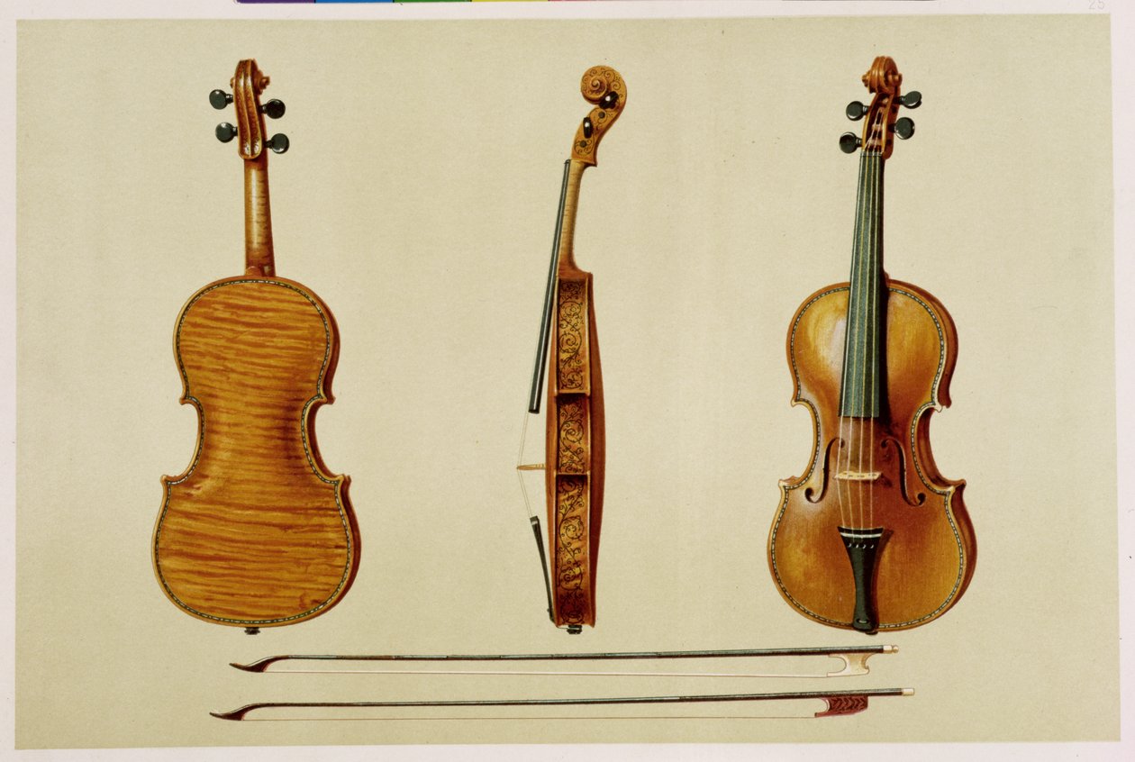 由Antonio Stradivarius（c.1644-1737）于1679年制作的Hellier小提琴，来自&39;Musical Instruments&39;（彩色版画） 作者 阿尔弗雷德·詹姆斯·希普金斯